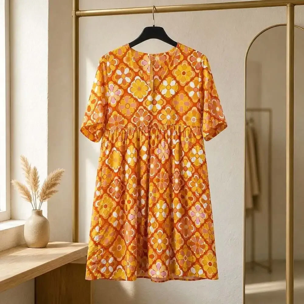 Lesley Evers Retro Floral Print V-Neck Babydoll Mini Dress
